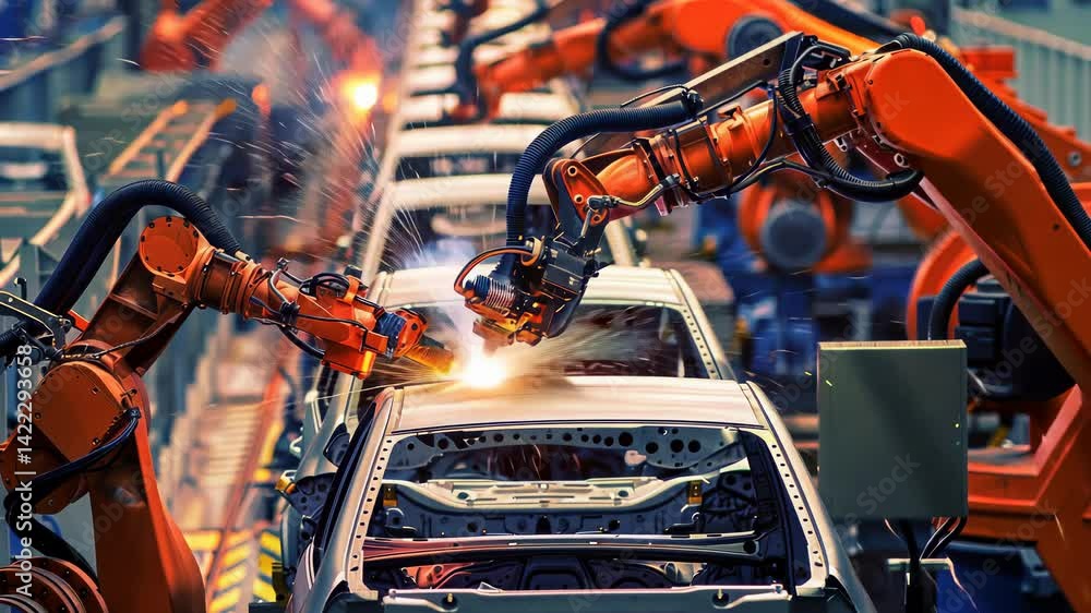 Poster Depicts automated manufacturing, with robotic arms welding car bodies. It highlights the efficiency and precision achieved through automation in modern manufacturing processes on a car assembly line.