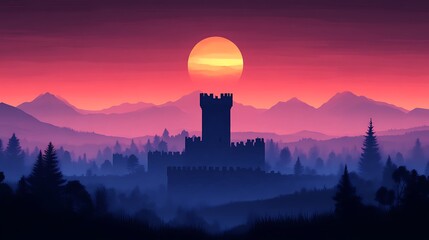 Castle Silhouette Sunset Mountains