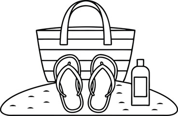 Beach Bag, Sandal, Sunscreen and Sunbed in White Background, Line Art Icon