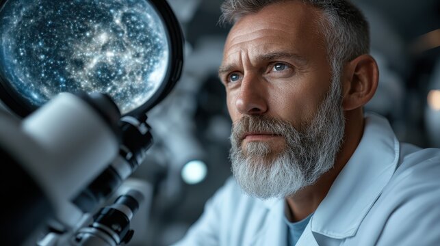 An astute astrophysicist peers through a telescope, captivated by the cosmos, showcasing passion for discovery, science, and the universe's mysteries.