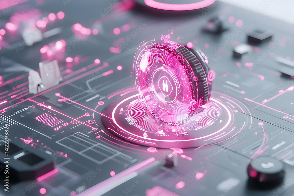 Poster an abstract tech illustration with neon-pink glowing details. it could represent data security hardw