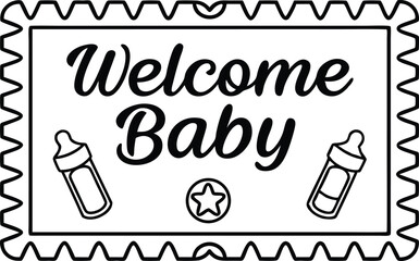 Welcome Baby Text with Black Bottle and Star on a Decorated in White