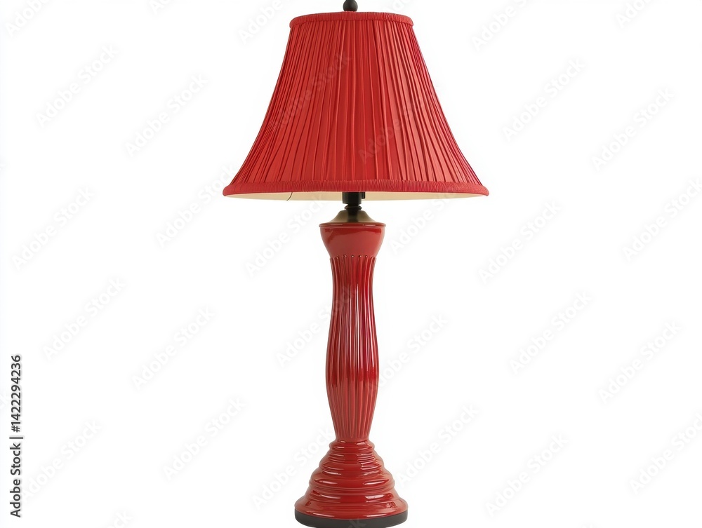 Poster elegant red table lamp with pleated shade casting a warm glow in a minimalist setting studio shot