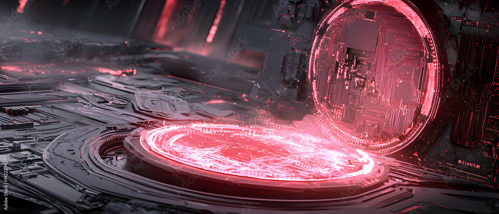 Poster futuristic digital landscape showcases glowing red circuits. excellent concept for tech related proj