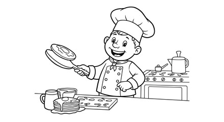 Good child chef cooking pancakes in a kitchen setting  