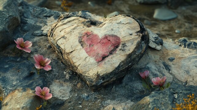 Un coraz&Atilde;&sup3;n roto yace destrozado sobre una piedra desgastada y erosionada, rodeado de flores silvestres marchitas