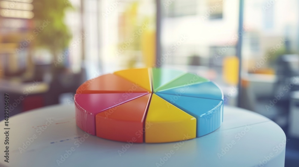 Fototapete A close-up of a segmented D pie chart highlighting market distribution, with shiny segments and smooth edges, displayed against a blurred office environment.