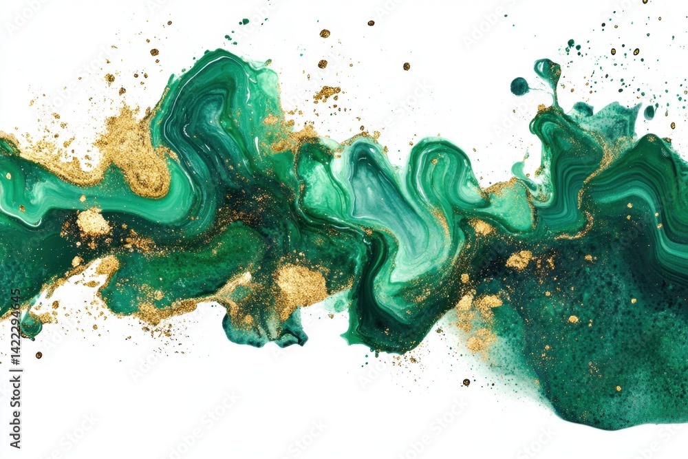 Poster emerald green and gold abstract fluid art painting on white background creating a captivating visual