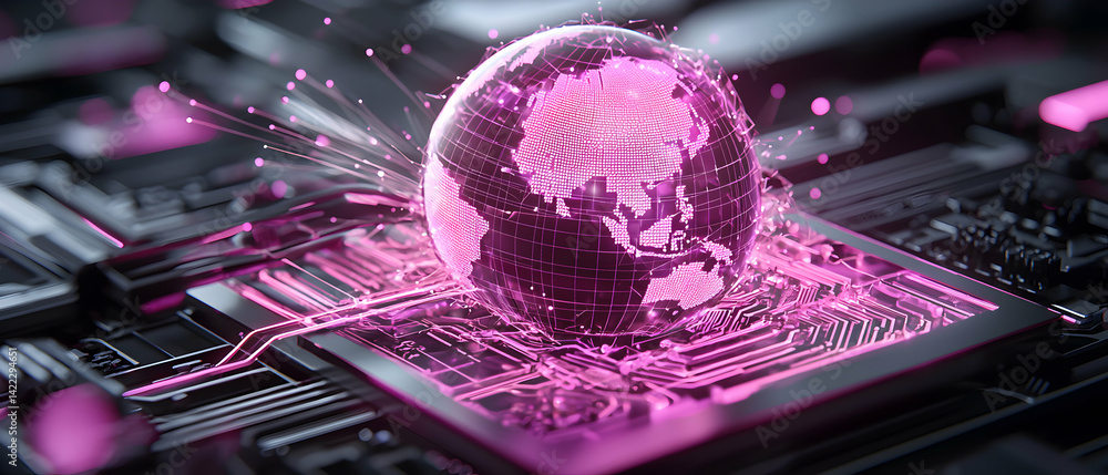 Poster a digital globe rests on a circuit board symbolizing global connectivity and technological advanceme