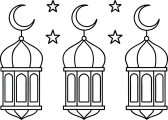 Ramadan Lanterns with Crescent Moon and Stars in Line Art with Transparent Background