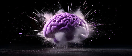 A vibrant purple brain explodes with energy against a black backdrop symbolizing knowledge. Use this image for neuroscience presentations or educational materials.