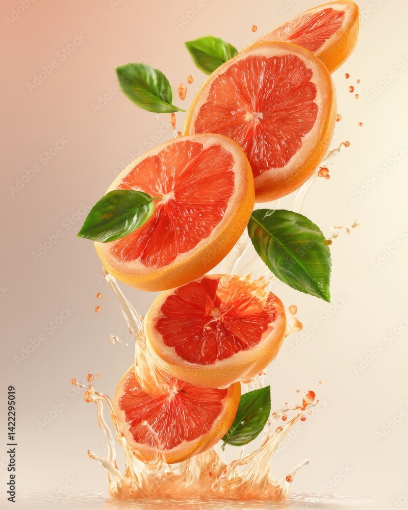 Poster fresh grapefruit slices with green leaves and splashing juice on a soft background for healthy lifes