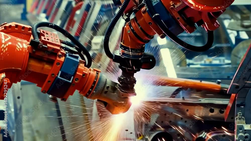 Poster in a manufacturing setting, two orange robotic arms skillfully weld a metal structure. sparks fly as