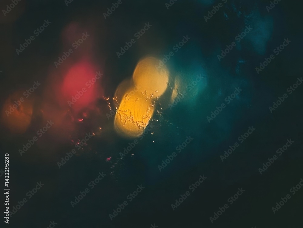 Poster abstract interplay of light and color creating a dreamy bokeh effect on a dark background, evoking a