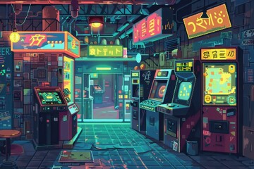 A pixelated digital illustration of a retro arcade alleyway with neon signs and colorful game cabinets, Pixelated images that create a retro arcade game vibe