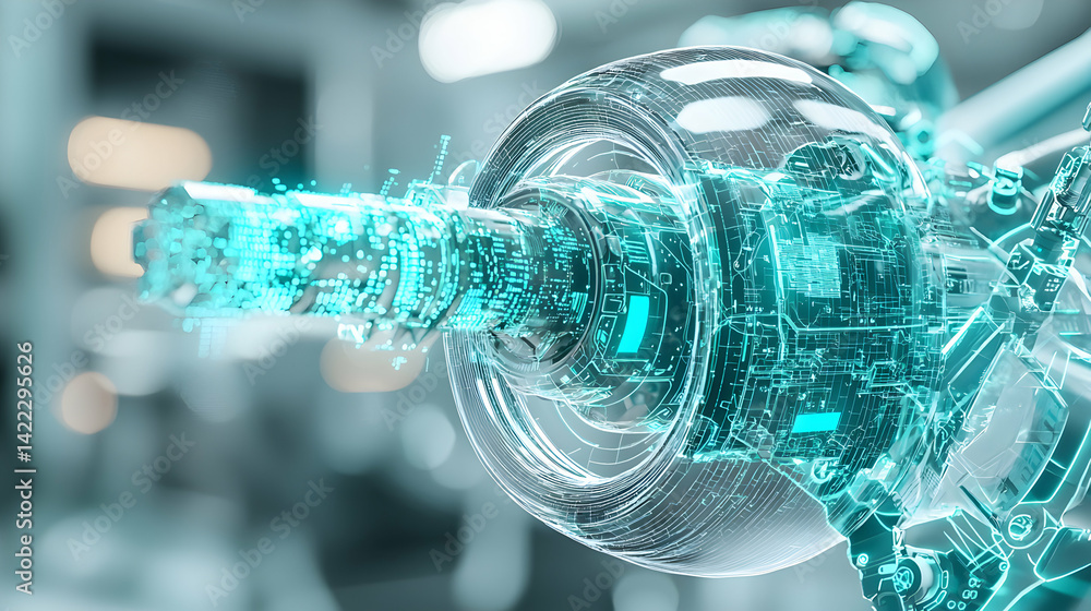 Poster a digital rendering of futuristic technology possibly related to circuit boards or a sophisticated m