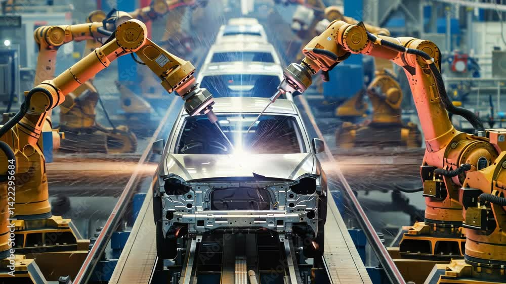 Poster the image shows robotic arms assembling vehicles on a conveyor belt in a factory, emphasizing precis