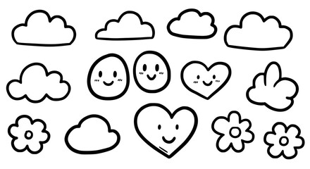 Obraz premium Cute Doodle Cloud Heart Flower and Face Clipart Set