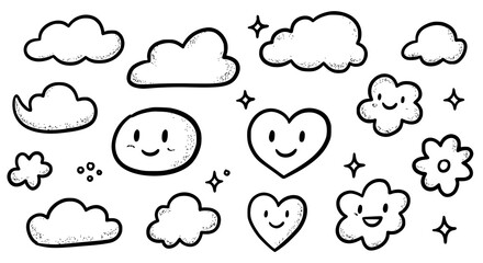 Obraz premium Cute Doodle Clouds Hearts Flowers: Printable Coloring Pages