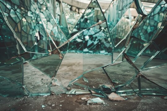A broken mirror on a concrete floor reflects a fragmented and uncertain future, A shattered mirror reflecting a bleak financial future - Powered by Adobe