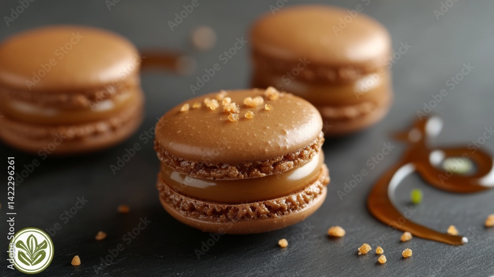 Aufkleber a close-up of caramel-flavored macarons with a glossy caramel drizzle on top, arranged neatly on a d