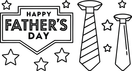 Happy Fathers Day Outlines Text Ties and Stars Decoration with Transparent BG