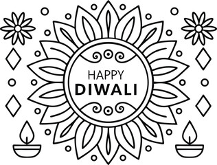 Happy Diwali Line Art, Floral Diya, Festive Decoration, Circle Ornaments, Mandala Art