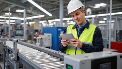 Factory worker inspecting machinery on conveyor belt, operational efficiency