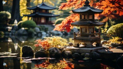Fototapeta premium Blurred background of a serene japanese zen garden featuring blossoming trees, a tranquil pond, and carefully arranged rocks, creating a peaceful outdoor retreat for meditation.