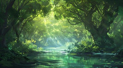 Fototapeta premium A stream flows through a dense green forest with sunlight filtering through the canopy of trees above it .