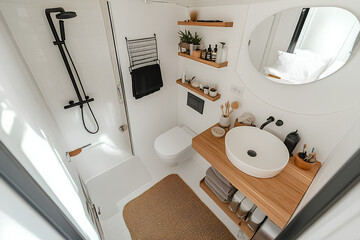 A compact bathroom with a small shower, toilet and sink. 