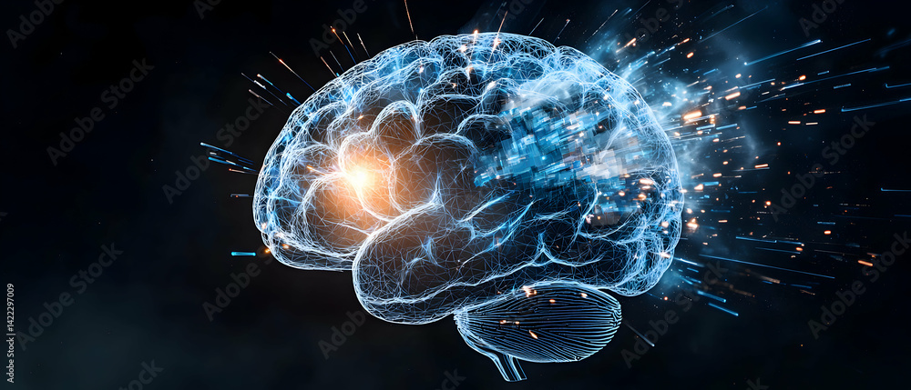Poster an abstract image of a brain with light and energy bursts. suitable for neuroscience cognitive scien