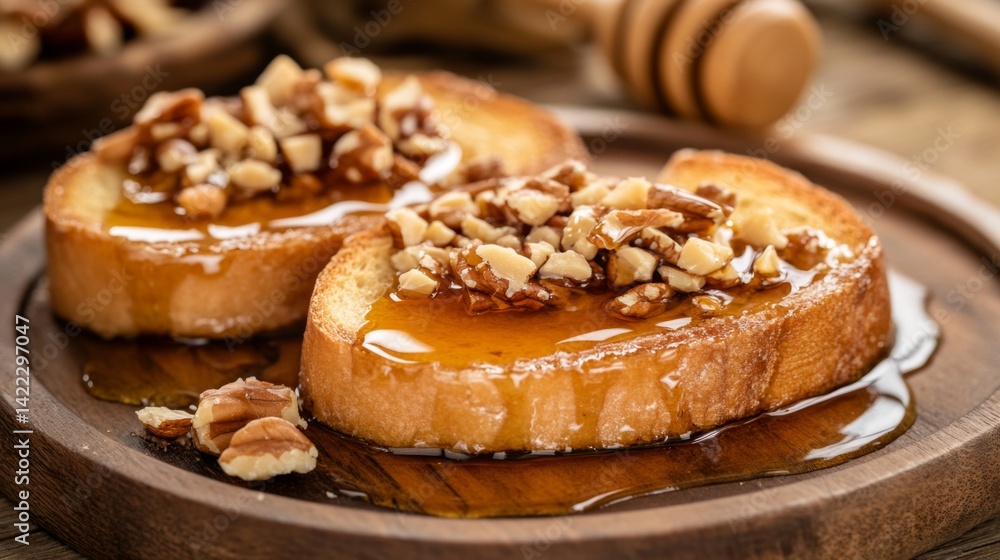 Poster A close-up of honey toast with melted butter and a drizzle of honey, garnished with crushed nuts and served on a wooden platter, creating a warm and inviting feel.