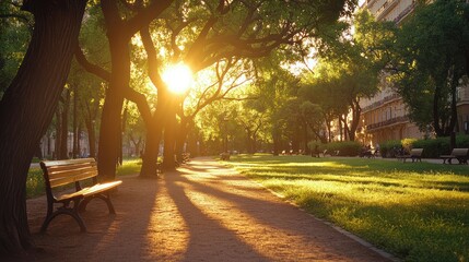 Obraz premium Sundrenched park path bench awaits amid long shadows serene urban escape