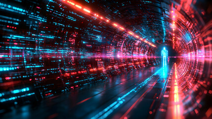 A futuristic digital tunnel with glowing red and blue lights. It could be used to create a stunning visual for a technology presentation or game.