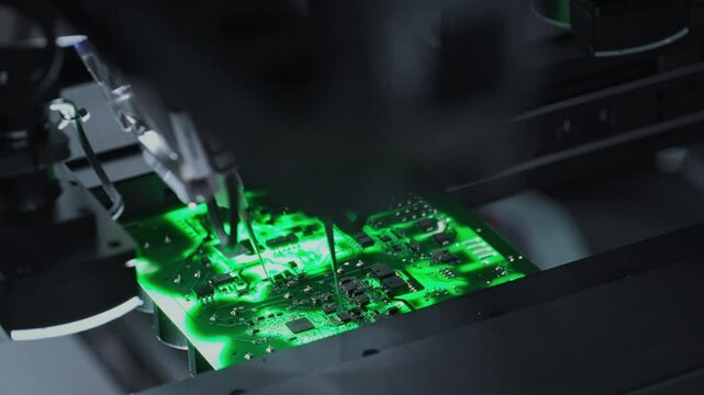 Close-up: installing electronic components. Printed circuit board moves with SMD. Automatic welding, solder machine. Production technology. Diagnose test chips and processors. Manufacture of High-tech