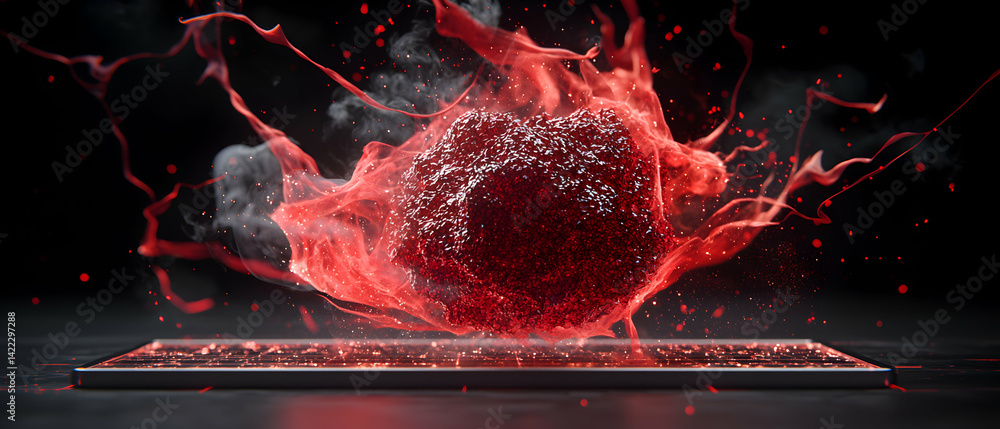 Poster a digital artwork depicts a vibrant red organic mass erupting from a keyboard suggesting data breach
