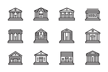 Bank building line art icon set