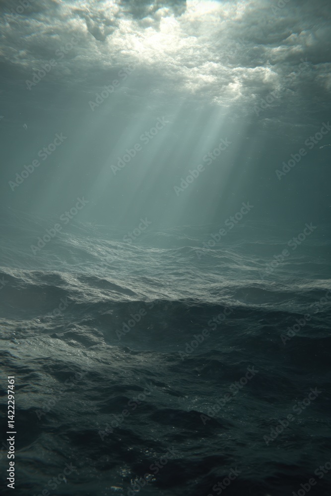 Poster underwater sunlight illuminating ocean waves creating a serene and mysterious ambiance with a low an
