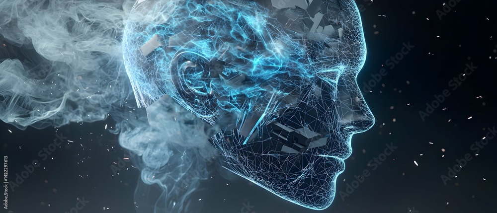 Poster a futuristic digital head with glowing lines and wisps of smoke evokes ai technology. this image wou