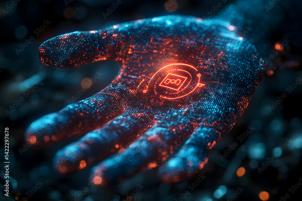 Poster a digital hand glows with circuits. this could represent ai or data transmission. use for tech marke