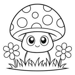 Adorable Cartoon Mushroom with Flowers and Nature Scene Coloring Page