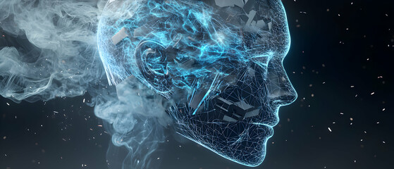 A futuristic digital head with glowing lines and wisps of smoke evokes AI technology. This image would be perfect for tech startup websites or science fiction content.