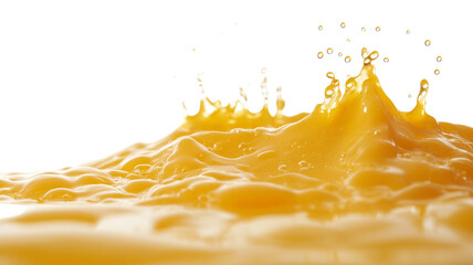 Freshly squeezed orange juice forming a vibrant puddle with small droplets splashing around isolated on transparent background (3)