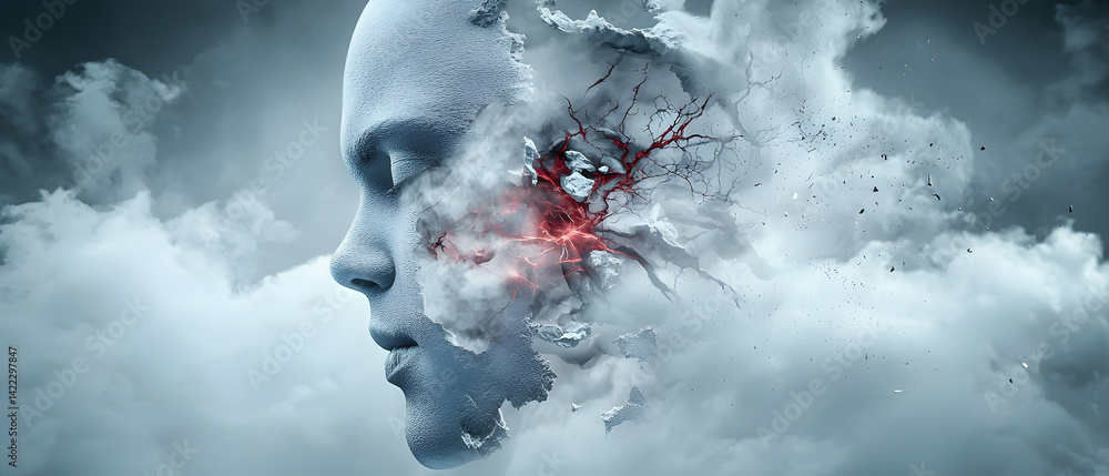 Aufkleber a surreal image of a face dissolving into clouds. it evokes themes of mental breakdown loss and tran