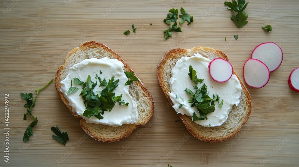 Poster a close-up of two slices of toasted bread with a spread of cream cheese and fresh herbs, garnished w