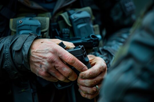 A close-up shot of a persons hands loading a magazine into a handgun, A shooter loading a magazine into a gun