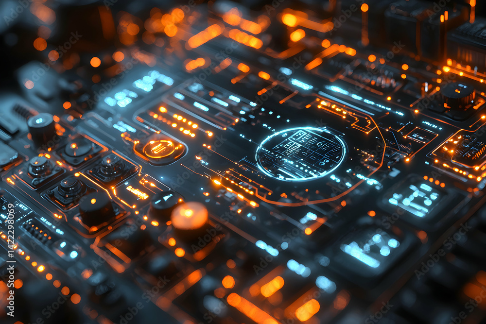 Poster a futuristic circuit board illuminated by neon light. suitable for tech-related marketing material o