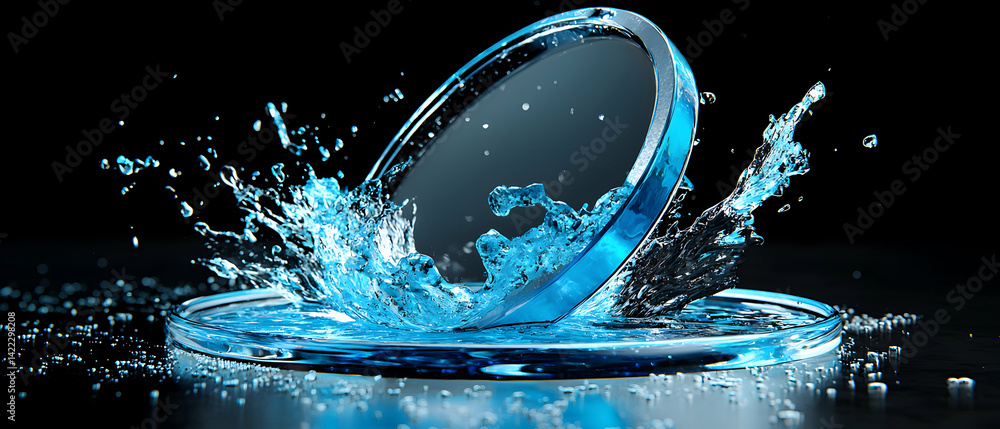 Poster dynamic image of water splashing over a glass circle. perfect for showcasing liquids or abstract art