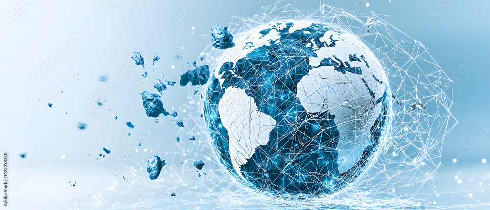 Poster a futuristic global network with a crumbling planet and digital connections. suggests global transfo